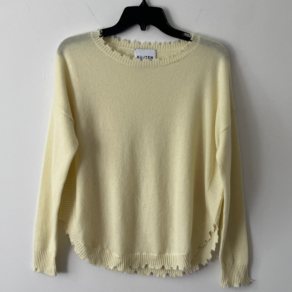 Kujten Mela Cashmere Distressed Hem Sweater Women 1(S) Yellow Quiet Luxury Paris
